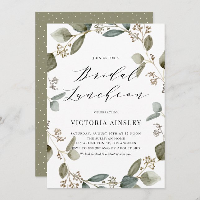 Watercolor Seeded Eucalyptus Bridal Luncheon Invitation (Front/Back)