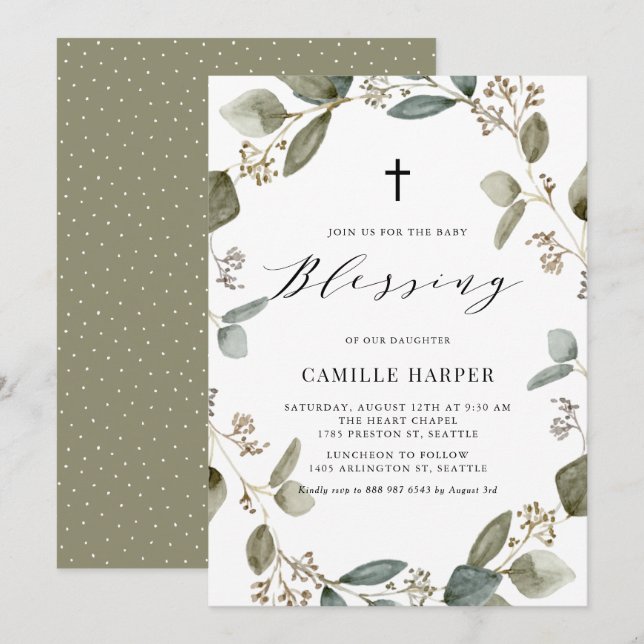 Watercolor Seeded Eucalyptus Wreath Baby Blessing Invitation (Front/Back)