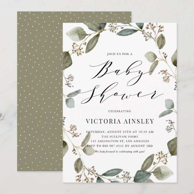 Watercolor Seeded Eucalyptus Wreath Baby Shower Invitation (Front/Back)