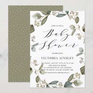 Watercolor Seeded Eucalyptus Wreath Baby Shower Invitation