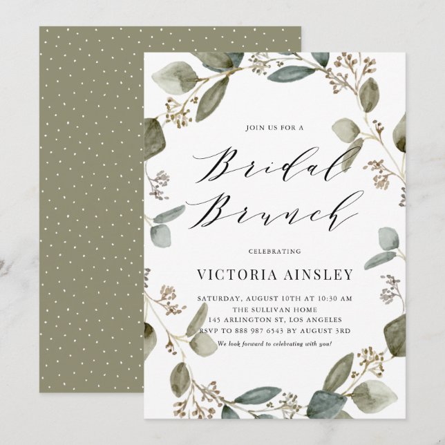 Watercolor Seeded Eucalyptus Wreath Bridal Brunch Invitation (Front/Back)