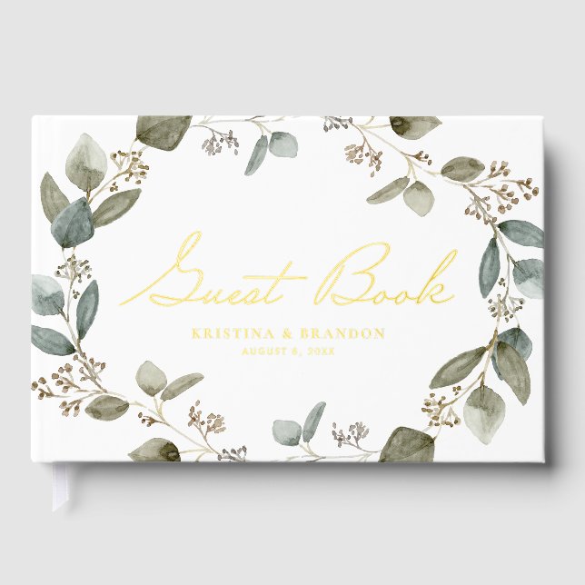 Watercolor Seeded Eucalyptus Wreath Photo Wedding Guest Book (Front)