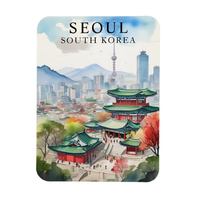 Watercolor Seoul South Korea Travel Art Magnet (Vertical)
