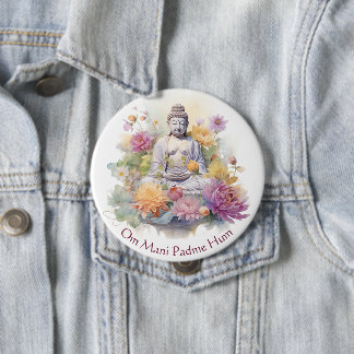 Watercolor Serene Buddha Pink Yellow Flowers Art 10 Cm Round Badge
