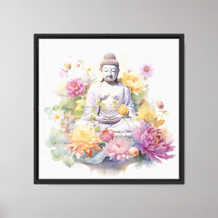 Watercolor Serene Buddha Pink Yellow Flowers Art Canvas Print