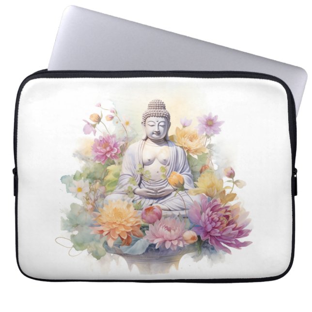 Watercolor Serene Buddha Pink Yellow Flowers Art Laptop Sleeve (Front)