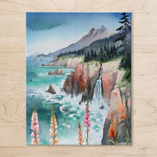Watercolor Serene Coastal Landscape Wildflower Jigsaw Puzzle