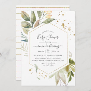 Watercolor Serenity Greenery Geometric Baby Shower Invitation