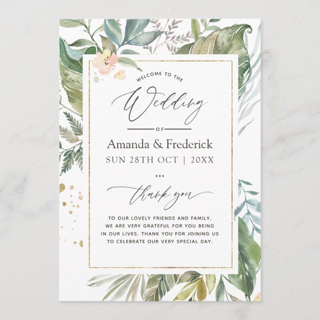 Watercolor Serenity Greenery Geometric Wedding Programme (Front)