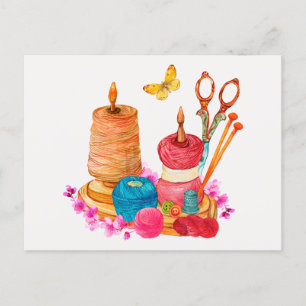 Watercolor Sewing and Knitting Accessories Postcard