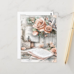 Watercolor Shabby Chic Bird Cage & Roses Postcard