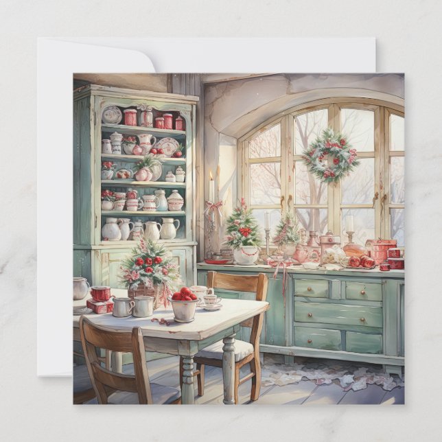 Watercolor Shabby Chic Christmas Kitchen Card (Front)