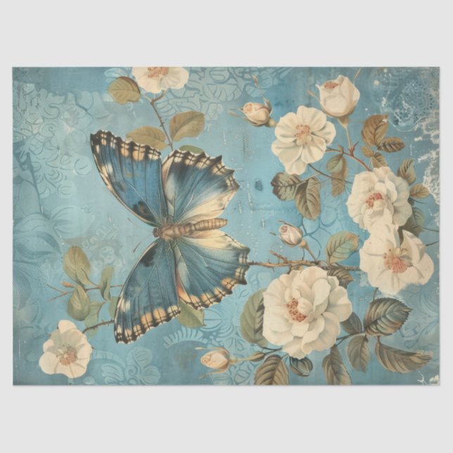 Watercolor Shabby chic navy butterfly & roses  Tissue Paper (Front)