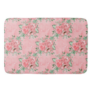 Watercolor Shabby Chic Pink Roses and Polka Dots Bath Mat