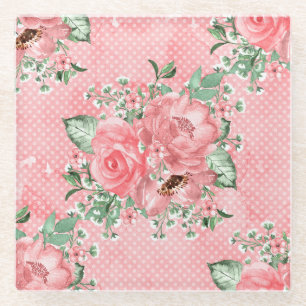Watercolor Shabby Chic Pink Roses and Polka Dots Glass Coaster