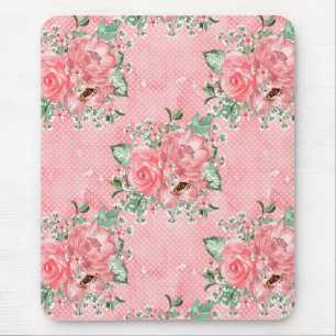 Watercolor Shabby Chic Pink Roses and Polka Dots Mouse Mat