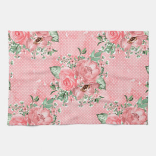 Watercolor Shabby Chic Pink Roses and Polka Dots Tea Towel