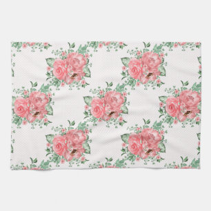 Watercolor Shabby Chic Pink Roses and Polka Dots Tea Towel