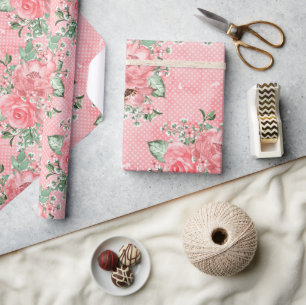 Watercolor Shabby Chic Pink Roses and Polka Dots Wrapping Paper