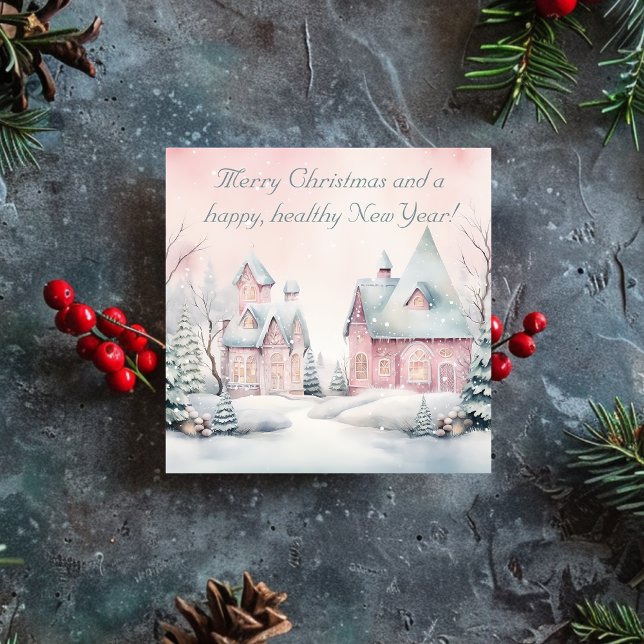 Watercolor Shabby Pink Snowy Village Holiday Card (Watercolor Shabby Pink Snowy Village Holiday Card)
