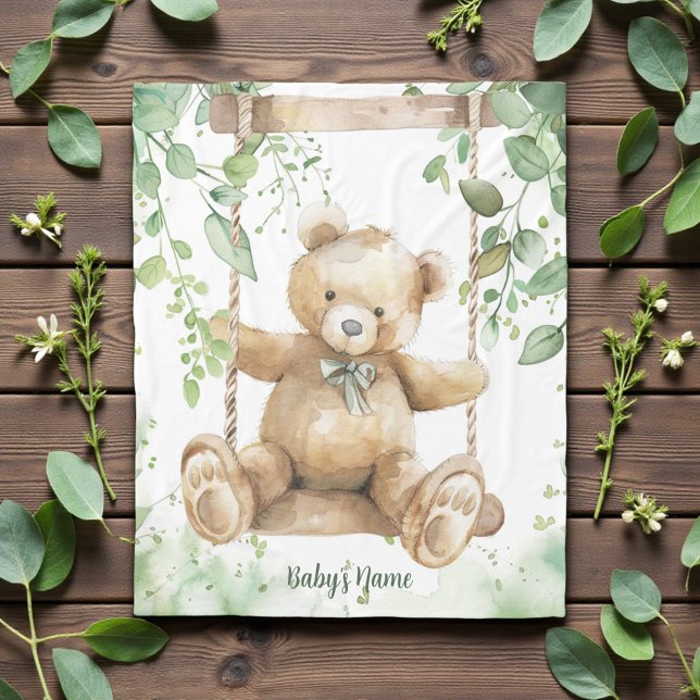 Watercolor Shades of Green Teddy Bear Fleece Blanket (Creator Uploaded)