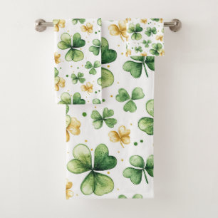 Watercolor Shamrock Pattern • Green & Gold Bath Towel Set