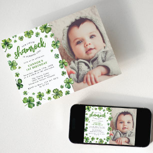 Watercolor Shamrock Photo Birthday Party Invitation