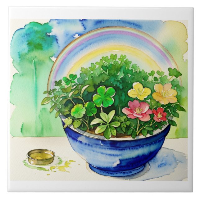 Watercolor Shamrock & Rainbow Tile - Irish (Front)