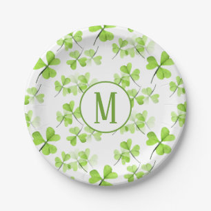 Watercolor Shamrocks Pattern Monogram SPD Party Paper Plate