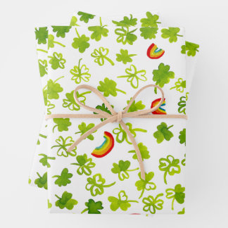 Watercolor Shamrocks & Rainbows St Patricks Day Wrapping Paper Sheet
