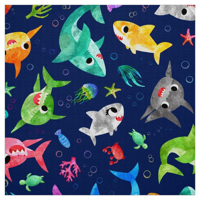 Watercolor Shark Family Adorable Ocean Fabric (Swatch)
