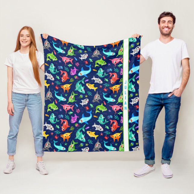 Watercolor Shark Family Adorable Personalised Fleece Blanket (In Situ)