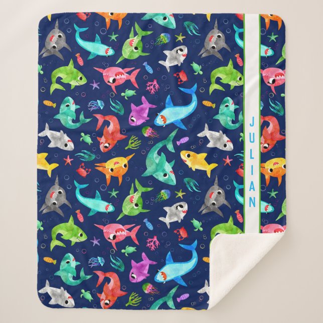 Watercolor Shark Family Adorable Personalised Sherpa Blanket (Front)