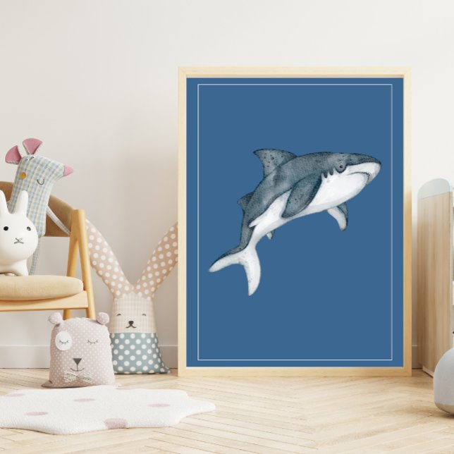 Watercolor Shark on Deep Blue Nursery Art Poster (Creator Uploaded)