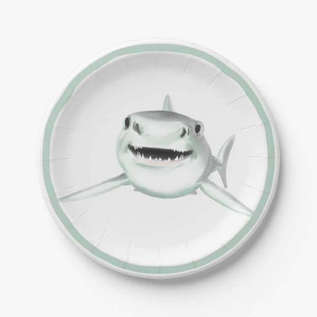 watercolor shark smiling grey green ocean animal  paper plate (Front)