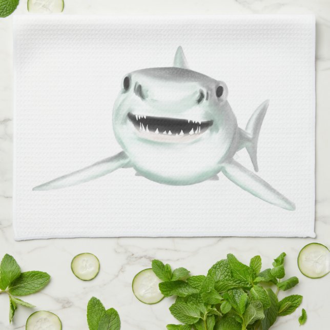 watercolor shark smiling grey green ocean animal  tea towel (Folded)
