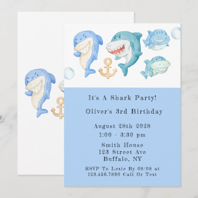 Watercolor Sharks Boy Birthday Party Invitation (Front/Back)