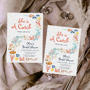 Watercolor She is Catch Ocean Theme Bridal Shower Invitation