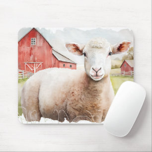 Watercolor Sheep And Red Barn Mouse Mat