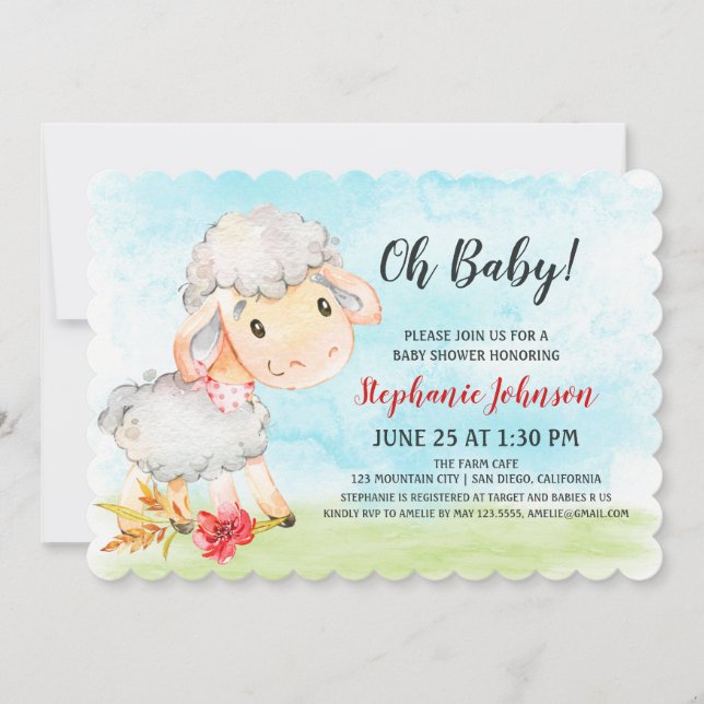 Watercolor Sheep Baby Shower Farm Invitation (Front)