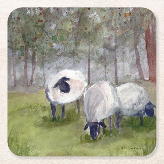 Watercolor Sheep Landscape Square Paper Coaster (Front)