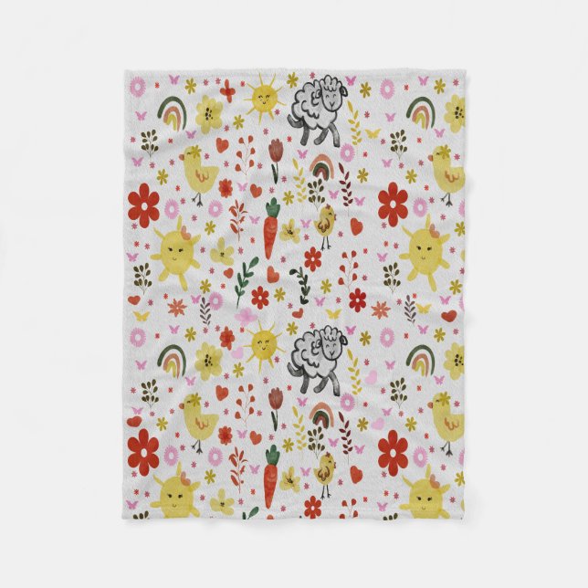 watercolor Sheep’s, Flowers & Sun Pattern  Fleece Blanket (Front)