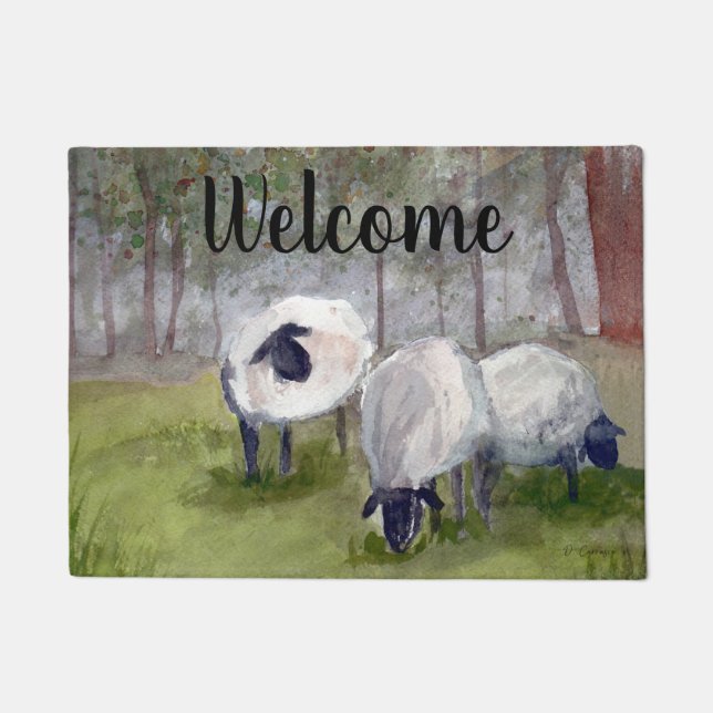 Watercolor Sheep Welcome Doormat (Front)