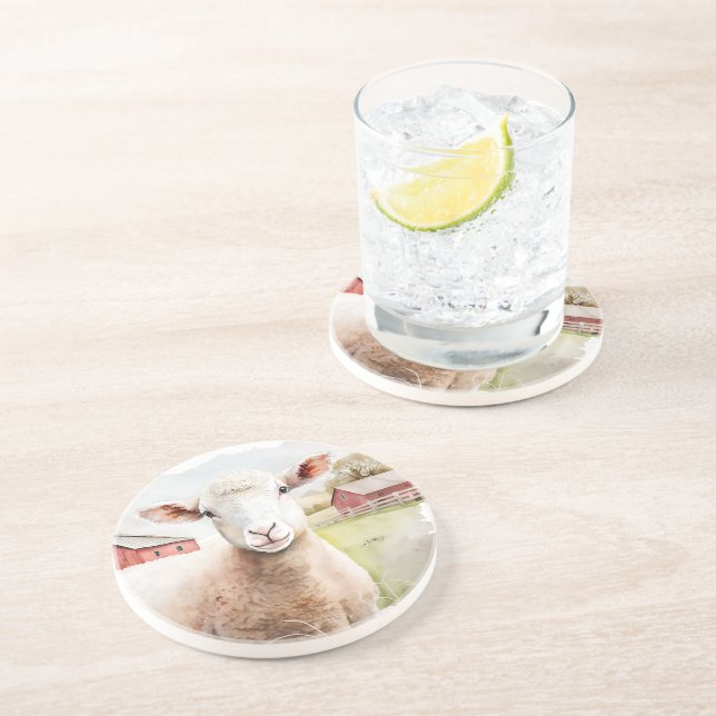 Watercolor Sheep With Red Barn Coaster (Side)