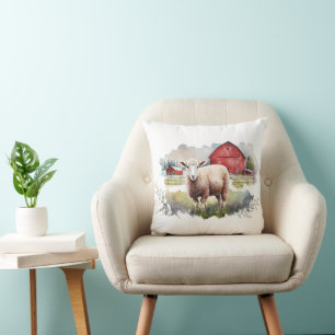 Watercolor Sheep With Red Barn Cushion