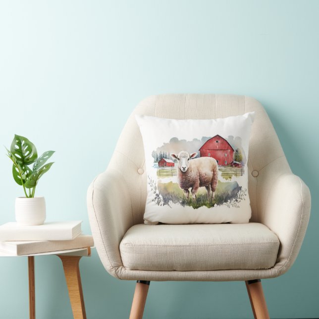 Watercolor Sheep With Red Barn Cushion (Chair)
