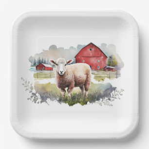Watercolor Sheep With Red Barn Paper Plate