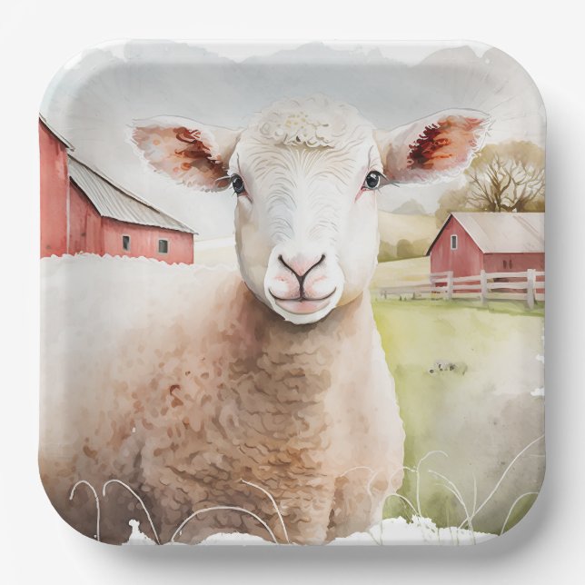 Watercolor Sheep With Red Barn Paper Plate (Front)