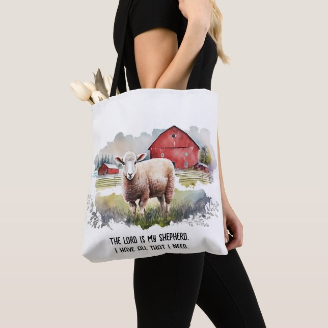 Watercolor Sheep With Religious Quote Tote Bag (Close Up)