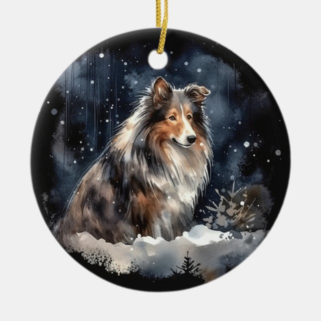 Watercolor Sheltie Christmas Ceramic Tree Decoration (Front)